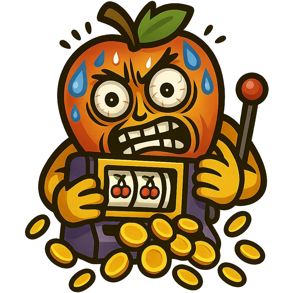 Make the crazed man look even more desperate with wild eyes, frantic expression, sweating, clutching the slot machine, coins spilling out. Style: apple emoji style. emoji