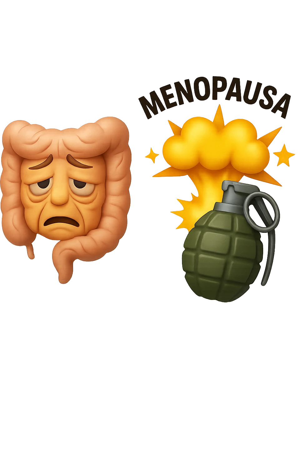 EMOJI STILE IPHONE 3D DI INTESTINO ANZIANO CON RUGHE SFINITO CON ESPRESSIONE STANCA, ACCANTO A LUI SCOPPIA UNA GRANATA 3D CON LA SCRITTA "MENOPAUSA" SOPRA emoji