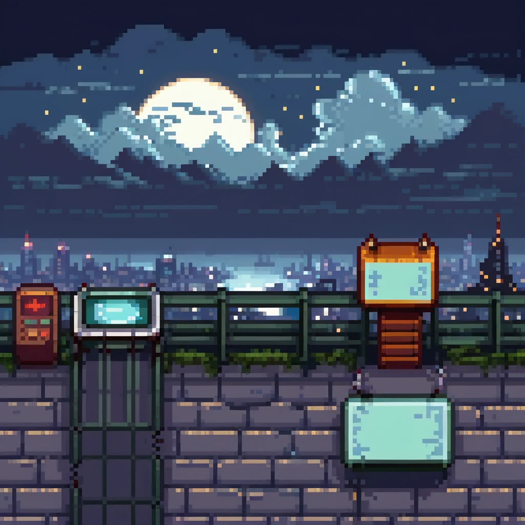Pixel art rooftop at night, helipad, fence, distant city lights, glowing billboard, cloudy sky, 9:16 vertical scene, side view, retro 2D fighting game background
 emoji