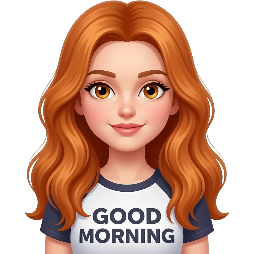 sexy girl with overlong ginger hair and ginger eyes a top with GOOD MORNING written on it emoji