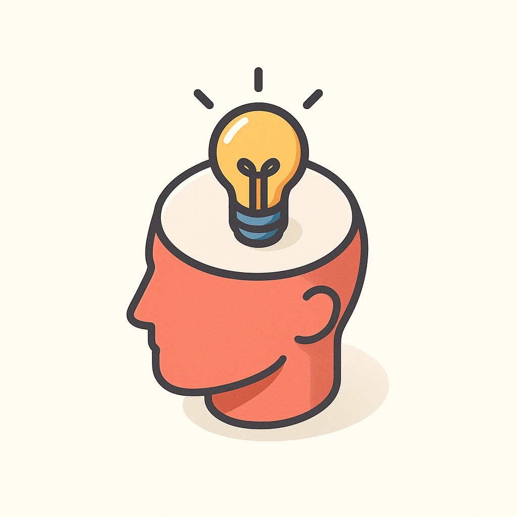light bulb inside a head, symbol of insight and mindfulness, 2D isometric style, simple shape, clear shadows and highlights emoji