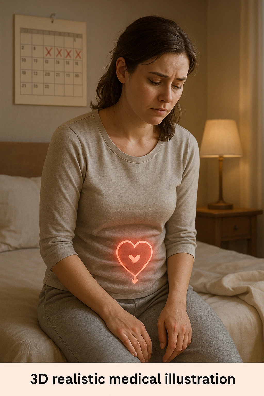 3D realistic medical illustration: a young woman in her 20s or 30s sits on the edge of a bed in a softly lit bedroom, looking thoughtful and slightly concerned. She wears comfortable loungewear, her posture is slouched, and her expression is subdued. Subtle visual cues—such as a faded calendar with missed menstrual cycles and a dimmed heart or energy icon near her abdomen—symbolize low libido and amenorrhea. The scene is realistic, intimate, and empathetic. emoji