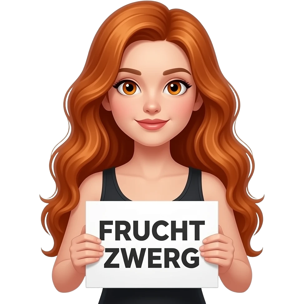 sexy girl with long wavy ginger hair and ginger eyes wearing a black tanktop is holding a white colored sign with FRUCHT ZWERG written on it emoji