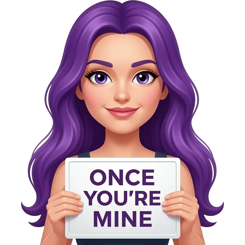 sexy girl with long purple hair holding a ONCE YOU'RE MINE sign emoji