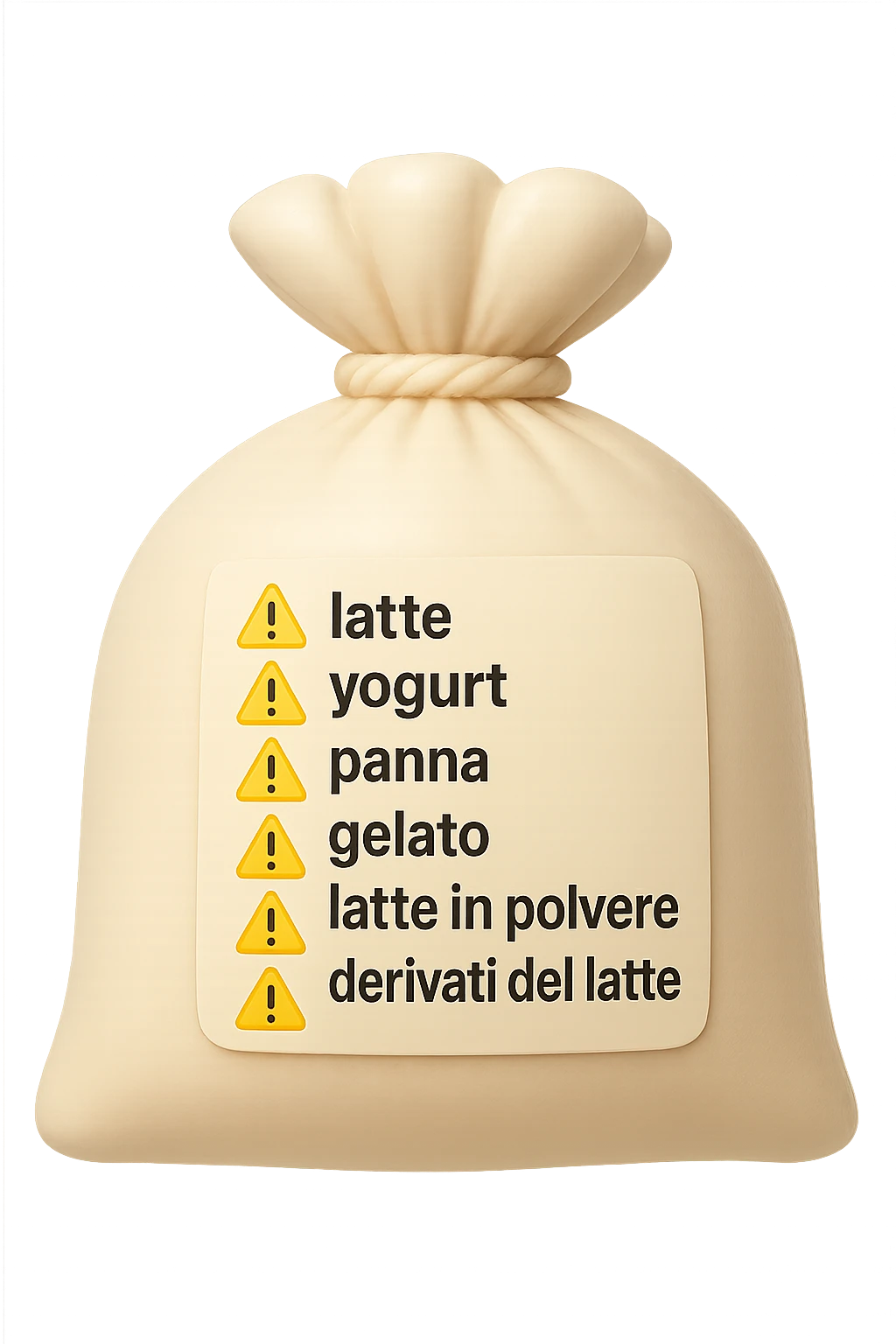 SU QUESTO STILE FAI UN EMOJI STILE IPHONE 3D DI UNa busta di mozzarelle con ETICHETTA CON GLI INGREDIENTI SCRITTI, "latte, yogurt, panna, gelato, latte in polvere, derivati del latte." accanto ad ogni nome scritto mettici un segnale di allarme, FALLO MOLTO REALISTICO IN 3D emoji