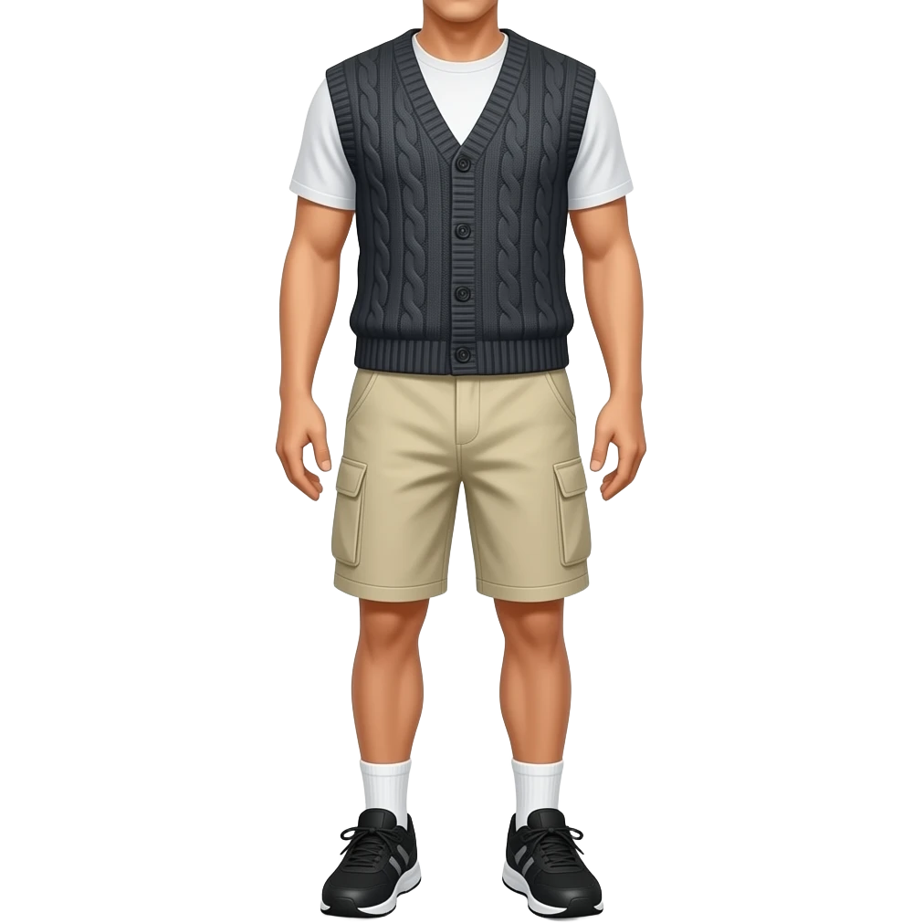 black running shoes with white socks, bare legs, beige cargo shorts and a dark grey open sweatervest from the waist down emoji