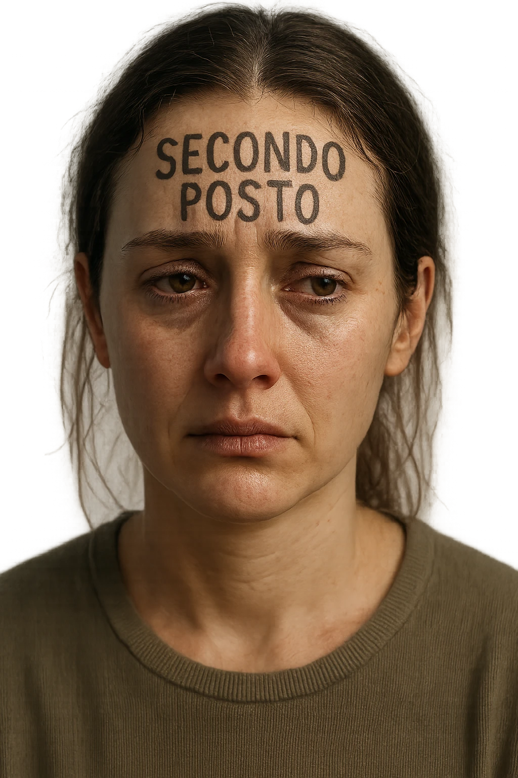 DONNA CON LA SCRITTA "SECONDO POSTO" SULLA TESTA, LEI HA L'ESPRESSIONE TRISTE, COME SE FOSSE SEMPRE SECONDA NELLA VITA, iperrealistico 4k emoji