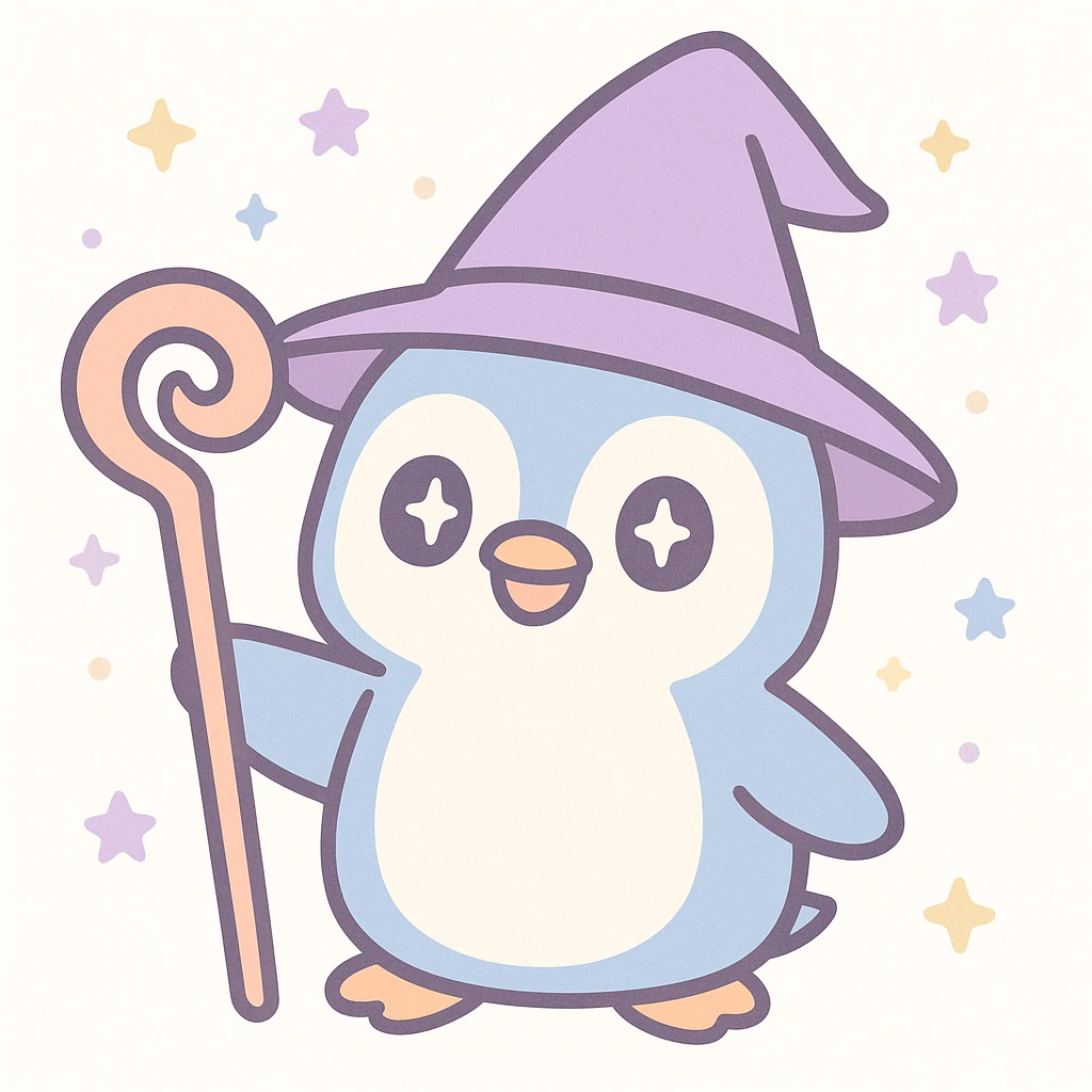 cute cartoon style penguin dressed as a wizard, wearing a pointed hat and holding a magic staff emoji
