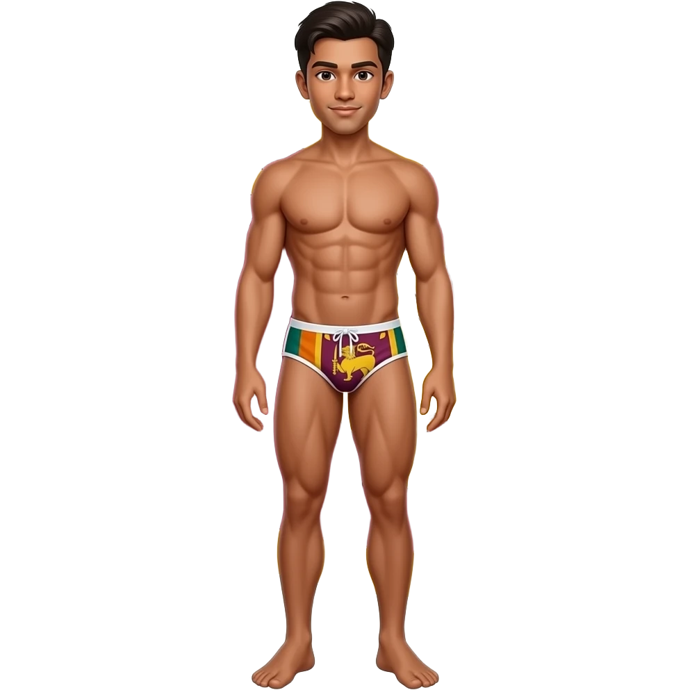 full whole complete (head-to-toe) body sri lankan young male standing with muscular build in thong with sri lanka flag theme emoji
