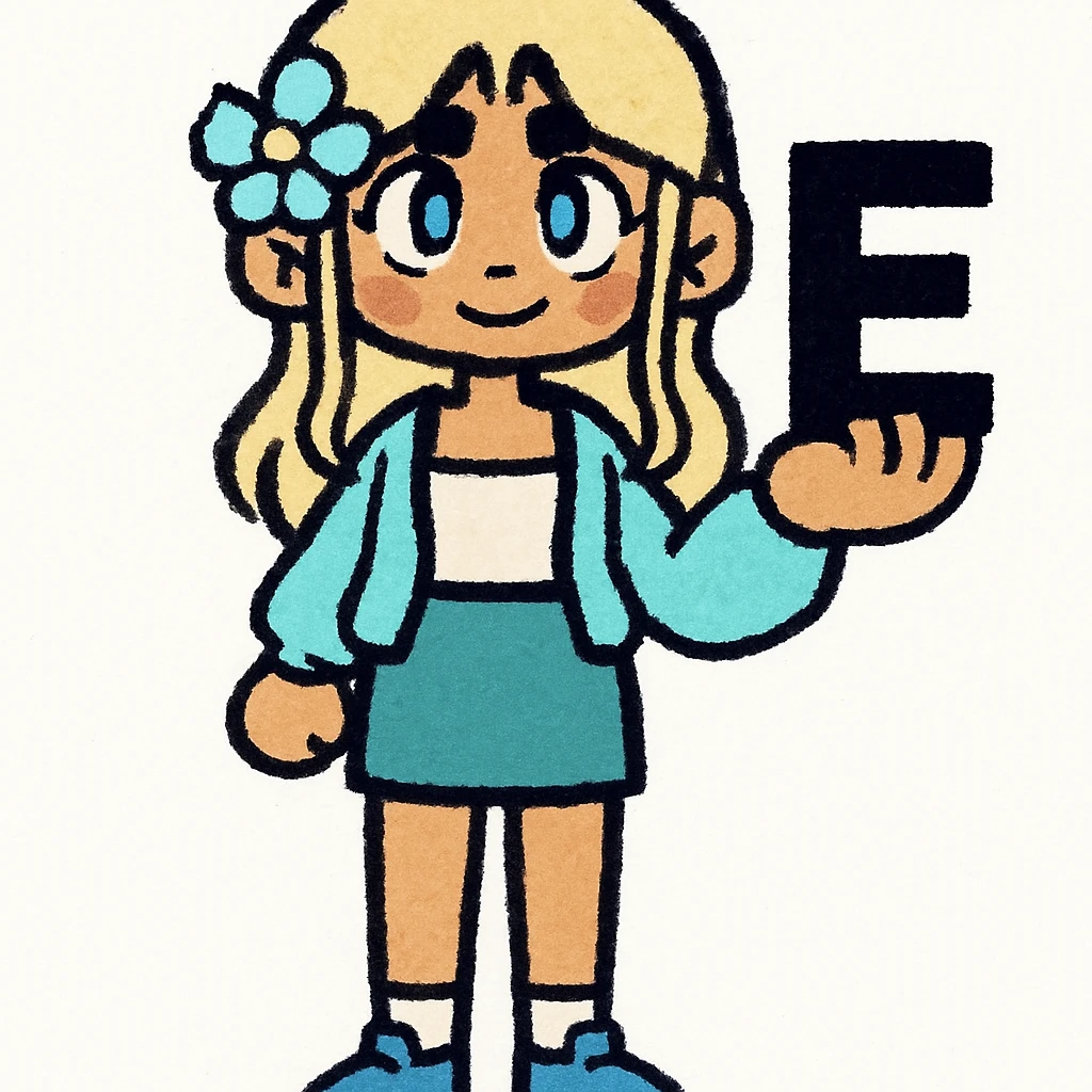 Add a bold black letter E in the character's right hand, keeping the original style and pose intact. Only add the letter, do not change anything else. emoji