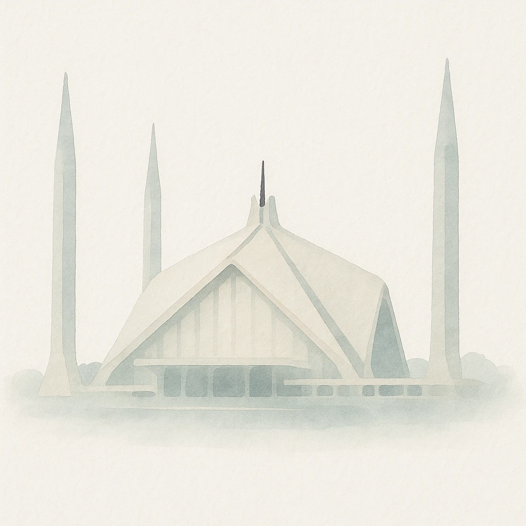 Faisal Mosque, soft watercolor style, highlighting serene setting and elegant structure emoji