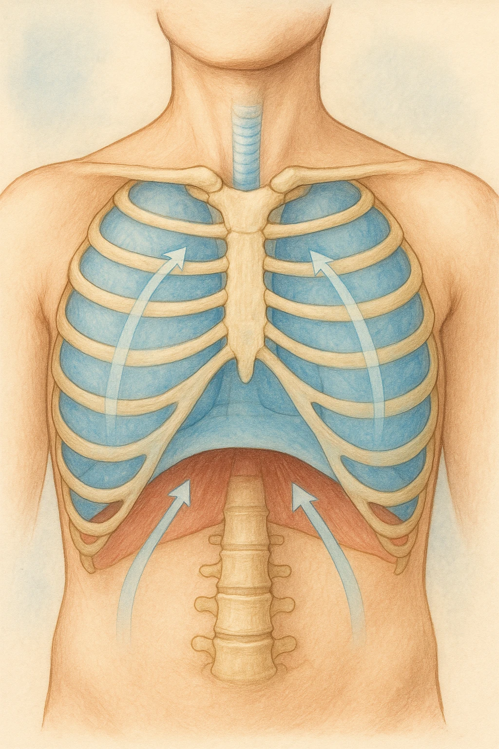 A realistic, high-quality anatomical illustration showing a human torso with visible rib cage and diaphragm. The ribs are shown in a decompressed, expanded state, allowing full lung expansion, while the diaphragm is depicted as relaxed and lowered, indicating deep, efficient breathing. Soft blue and warm tones highlight airflow and lung capacity, with light arrows illustrating the air movement during diaphragmatic breathing. The image conveys a sense of calm, openness, and optimal breathing mechanics, useful for physiotherapy, breathing education, and osteopathic learning contexts realistica emoji