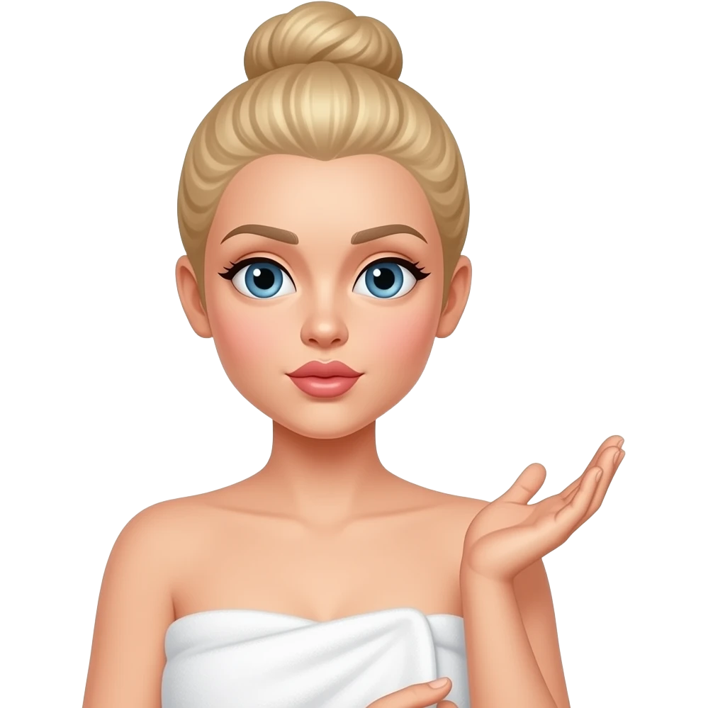 A blonde women wrapped in a towel. Her hair is twisted up in a bun. She is holding the towel up with one hand and blowing a kiss with another By. emoji