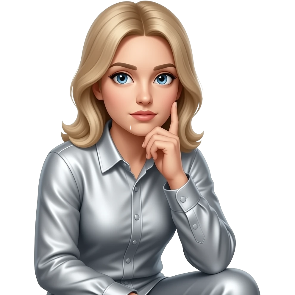 Create an emoji of a seated female figure in metallic silver. The woman is making a thoughtful face expression. The background is white. The final result must have maximum resolution, high contrast, and extreme sharpness. Illustration style: Vintage – Art Deco – 2D emoji
