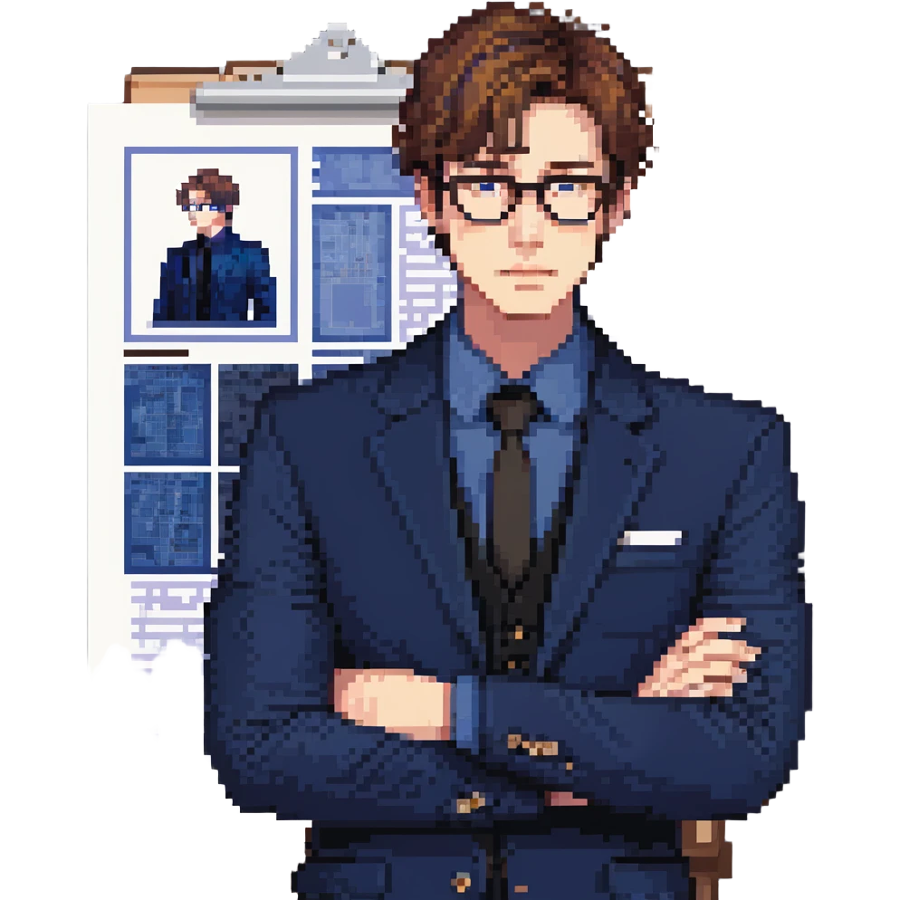 Flat pixel art, focused and reserved male architect, short sleek brown hair, wearing glasses, intense sharp eyes, wearing a deep indigo suit jacket over a black shirt, holding a blue print, waist-up, front-facing emoji