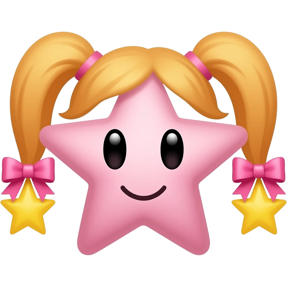 a pink star with orange pigtails tied with pink bows and yellow stars at the ends of each pigtail emoji