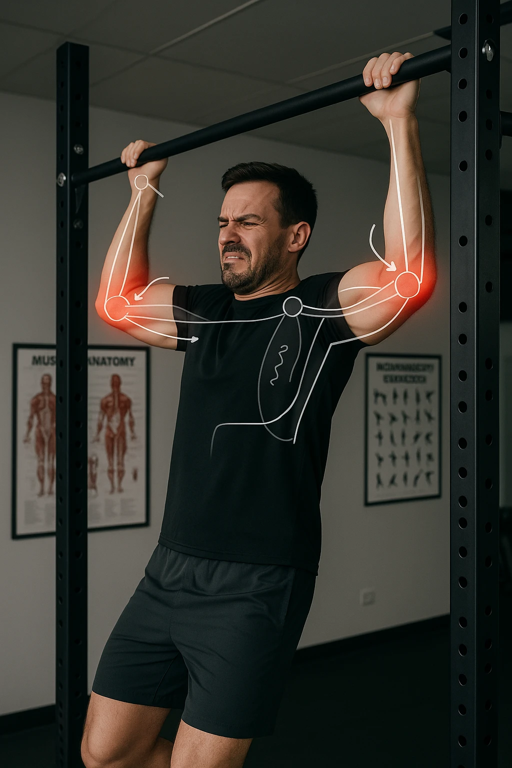 a man in gym clothes esegue una trazione alla sbarra con una tecnica visibilmente scorretta—gomiti troppo larghi o polsi piegati in modo innaturale. I gomiti sono evidenziati con un alone rosso acceso per indicare dolore o infiammazione. Un diagramma trasparente mostra le forze errate applicate sull’articolazione. La scena è ambientata in una palestra moderna, con poster educativi sullo sfondo. emoji