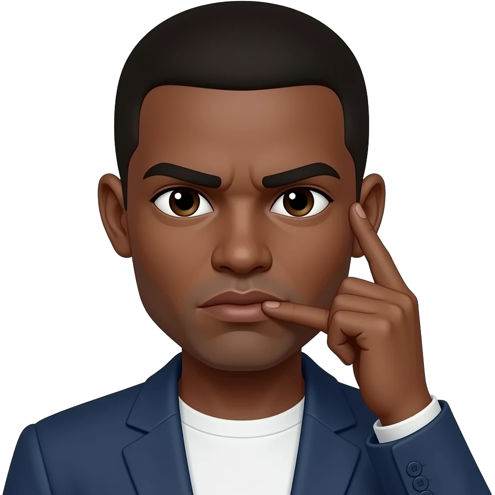 A black serious face with the first and second finger held up to the right ear and the tumb held on the lips like a phone emoji