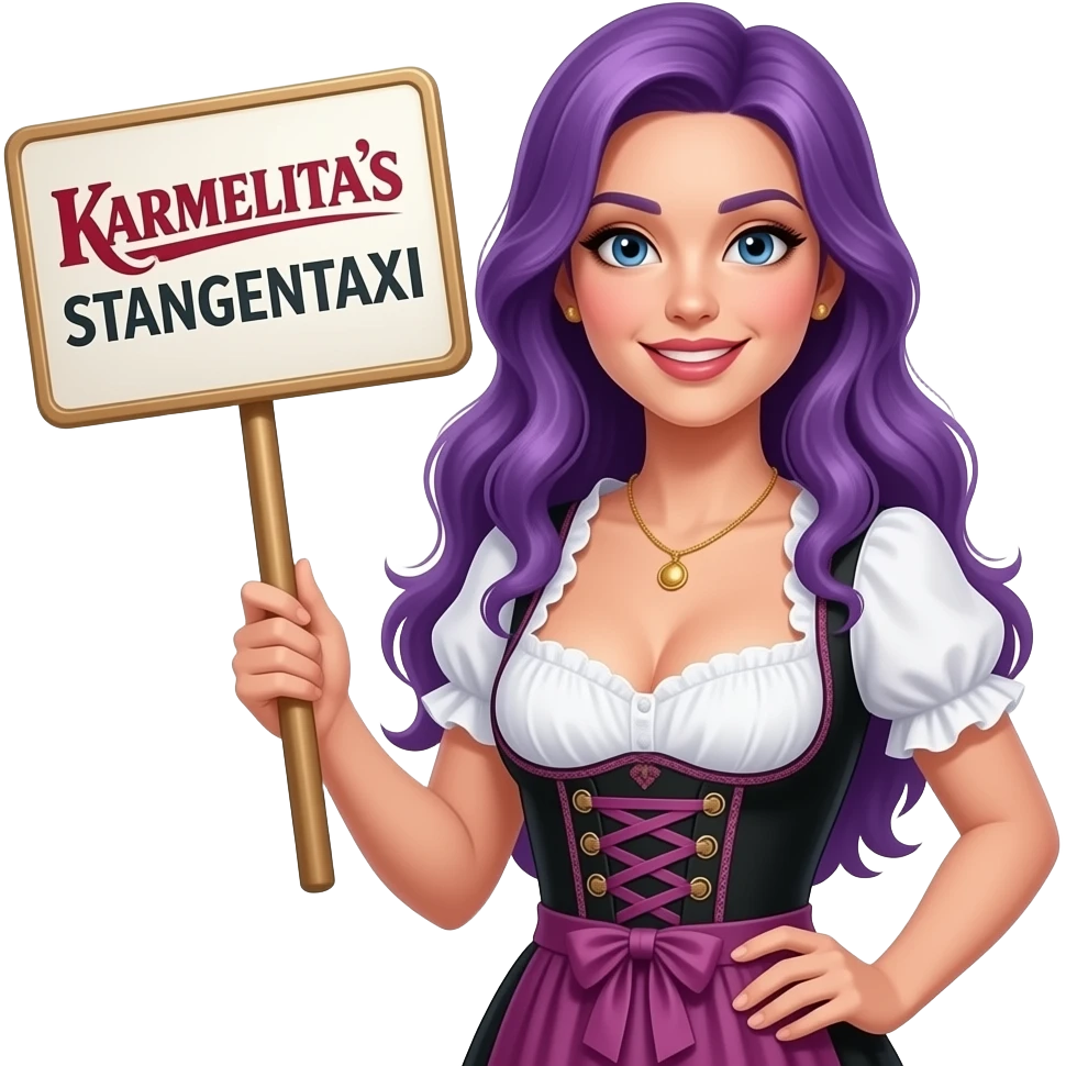 sexy girl with long purple hair wearing a dirndl holding a KARMELITA's STANGENTAXI sign emoji