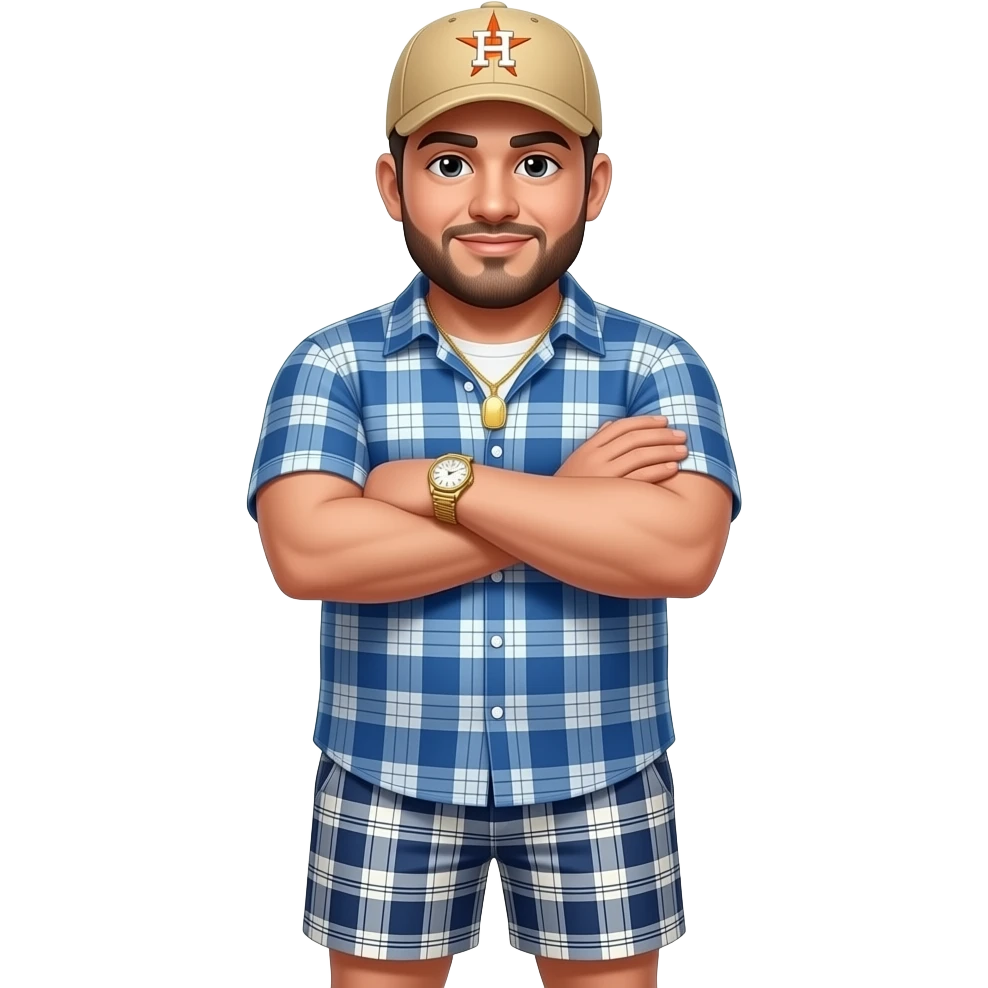 Chubby man with apricot skin tone with lightly shaved black beard wearing a blue button down short sleeve shirt with matching shorts with square pattern designs wearing an all beige color Huston Astros logo baseball cap wearing a gold tennis necklace and a gold wrist watch with arms folded emoji