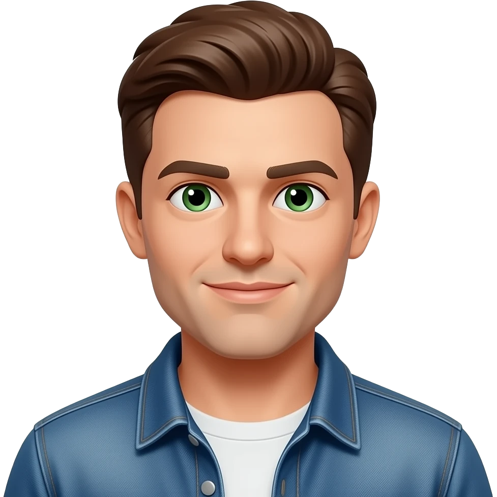 man whit brown hair blue jeans and green eyes emoji