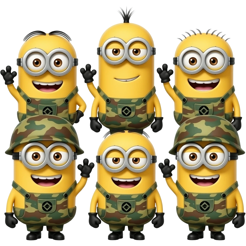 Goup of minions IN ARMY FATIGES  text  ALL HAIL GIGGLE CHICKS emoji