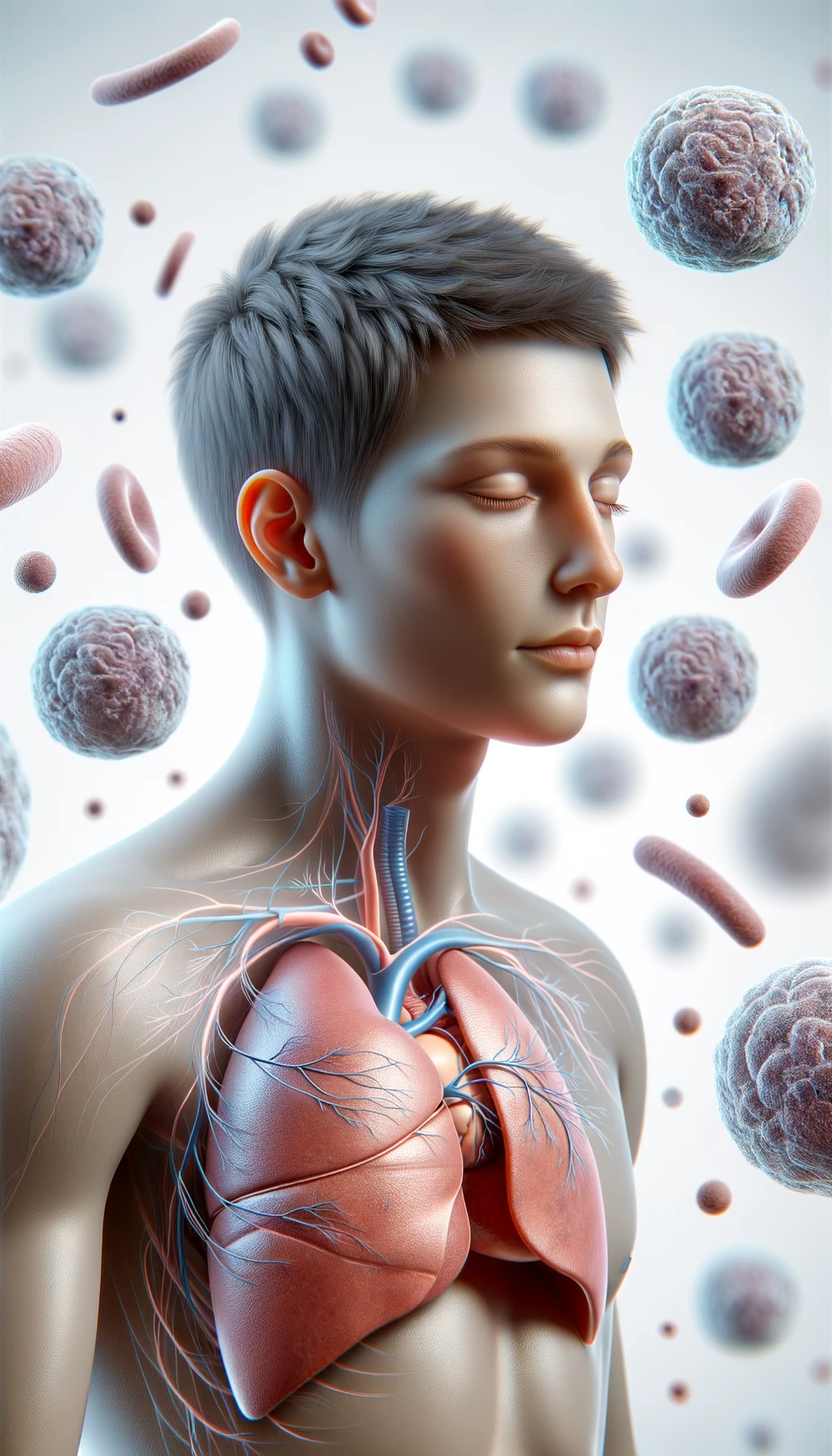corpo umano anatomico con capelli corti e gli occhi chiusi, intorno a lui fluttuano cellule, fegato in evidenza, ha l'espressione rilassata, visto dal fianco iperrealistica 4k, isolato su sfondo bianco emoji