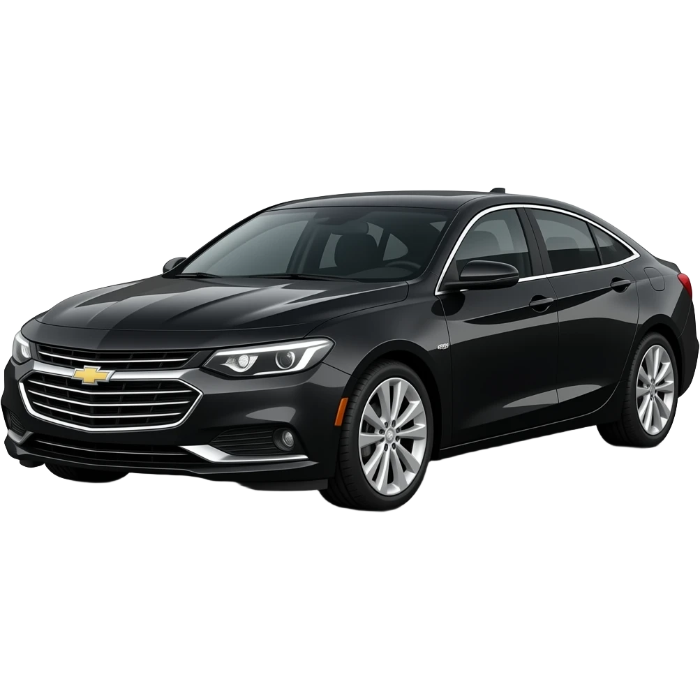 A realistic, high-detail photograph of a glossy black Chevrolet Malibu 2 Turbo Premier sedan with tinted windows, glowing white alloy rims, and bright LED headlights emitting a soft white glowing effect, 8k resolution, cinematic lighting. emoji