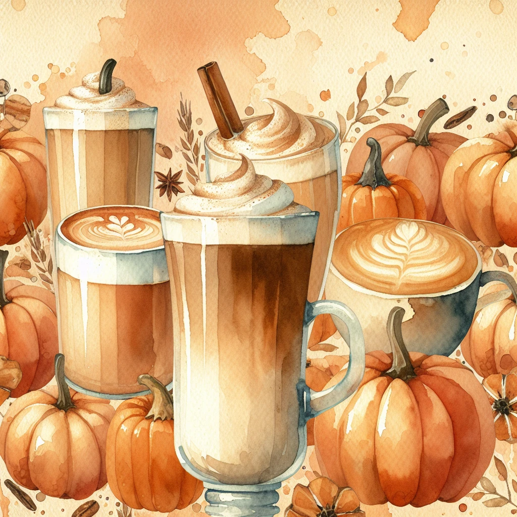 coffee latte art seamless background, pumpkin spice latte, creamy brown and orange tones, cozy autumn café vibe, watercolor effect emoji