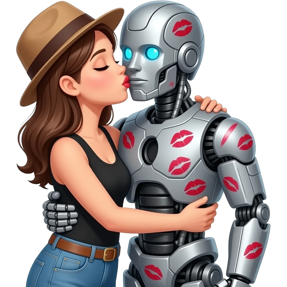 Make a woman with a hat kisssing the transformer with lipstick and hugging the transformer. The transformer now had lipstick marks and the transformer also hugs the woman emoji