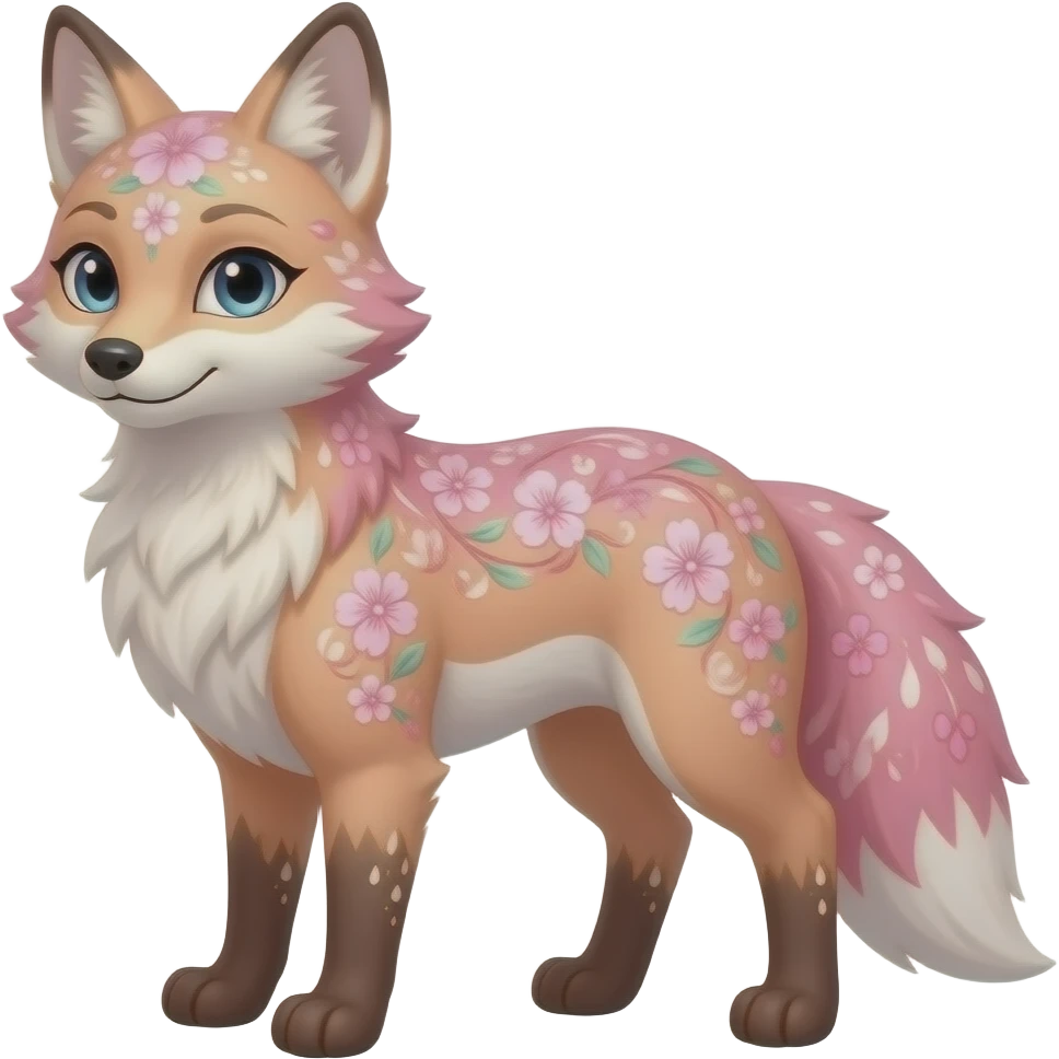 Anthropomorphic digitigrade Pastel beige and pastel Sakura-pink fox furry-Falvie-Fionbri-fursona with floral swirly markings and white spot markings, 2 legs, modern, sophisticated emoji