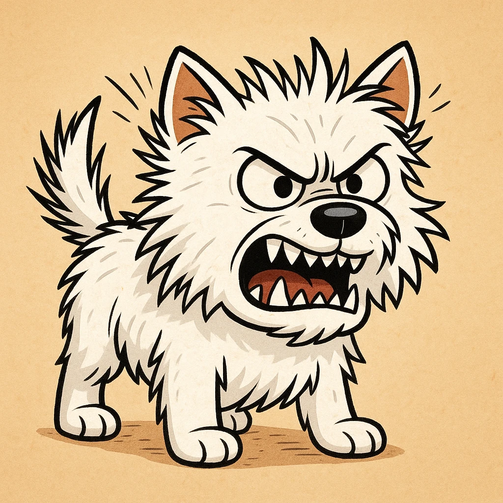 angry West Highland White Terrier dog, showing teeth, fur bristling, cartoon style emoji