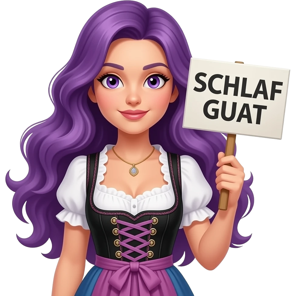 sexy girl with long purple hair and purple eyes wearing a dirndl holding a SCHLAF GUAT sign emoji