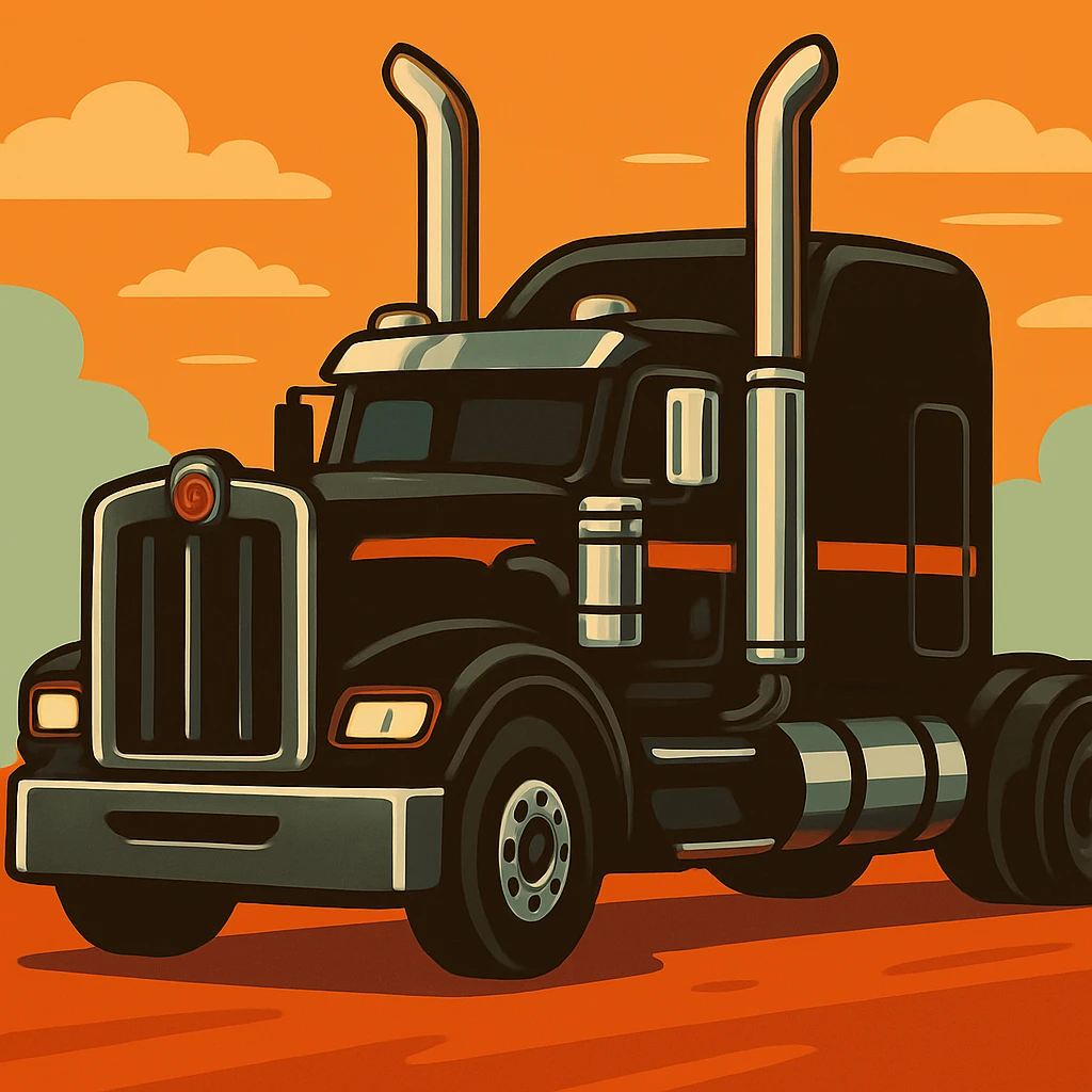 Change the truck color to black, keep the cartoon style with exaggerated chrome stacks, vibrant colors. emoji