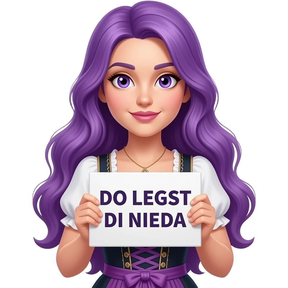 sexy girl with long purple hair and purple eyes wearing a dirndl holding a DO LEGST DI NIEDA sign emoji