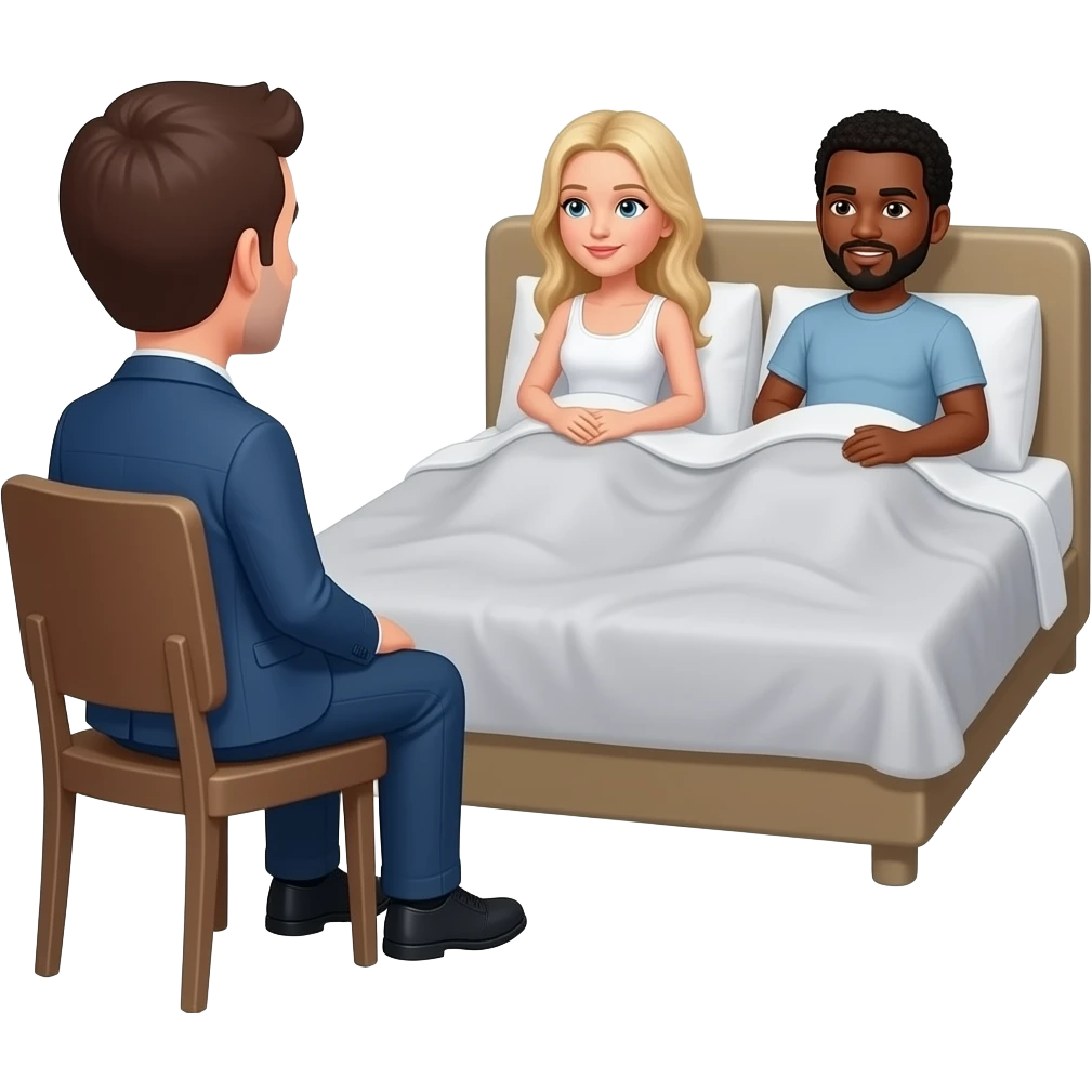 Man in chair watching two people in bed one blonde girl black male emoji