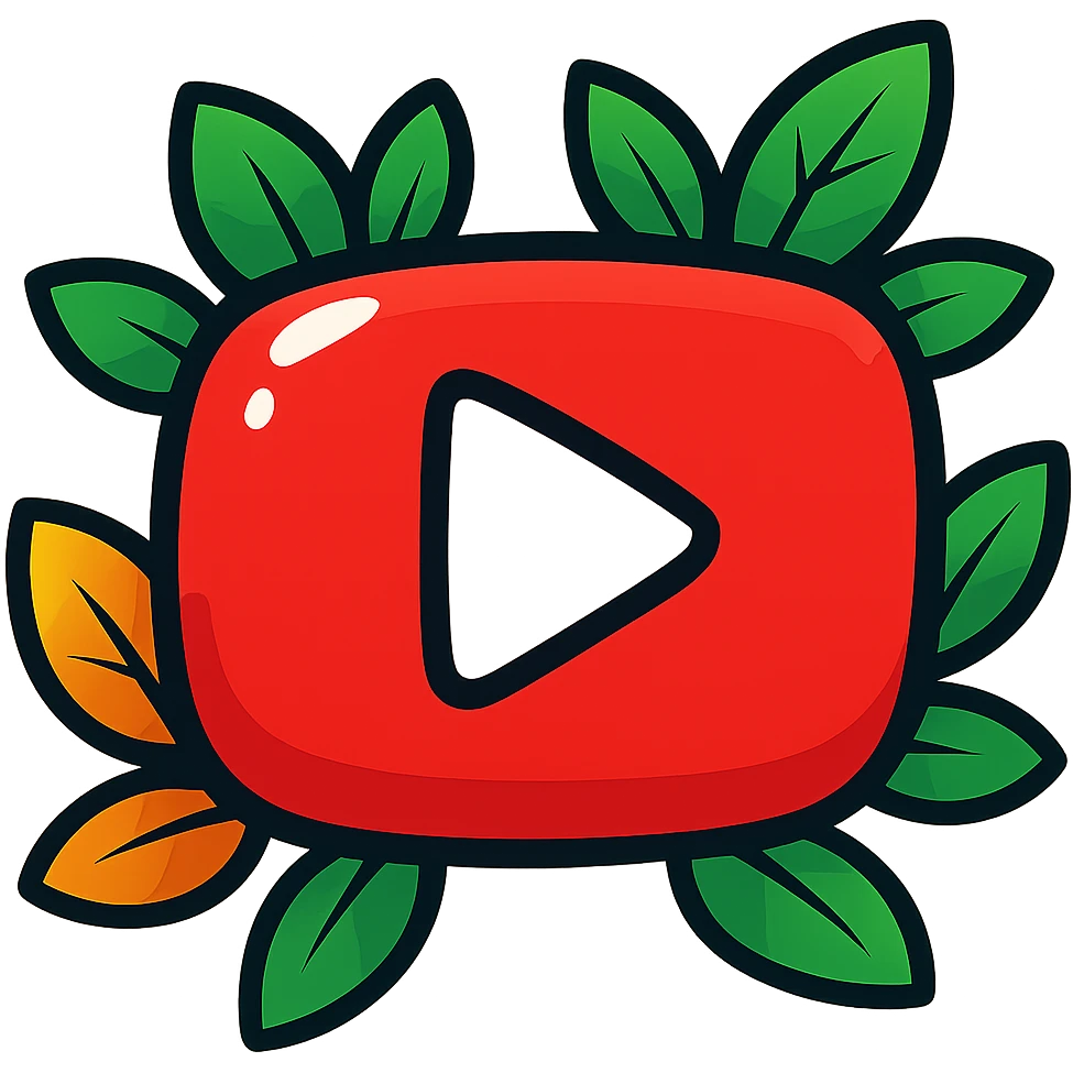 Plump, rounded YouTube logo in vibrant toon style, with clear bold black outlines, sharp graphic solid shadows, and glossy highlights. No smooth gradients—shadows and highlights should be solid and distinct, not soft or 3D. Emphasize a drawn, illustrated look with solid bright colors, no background, and bright vivid leaves around the logo. Shapes are extra round and soft, flat and cartoonish, not realistic or balloon-like. emoji