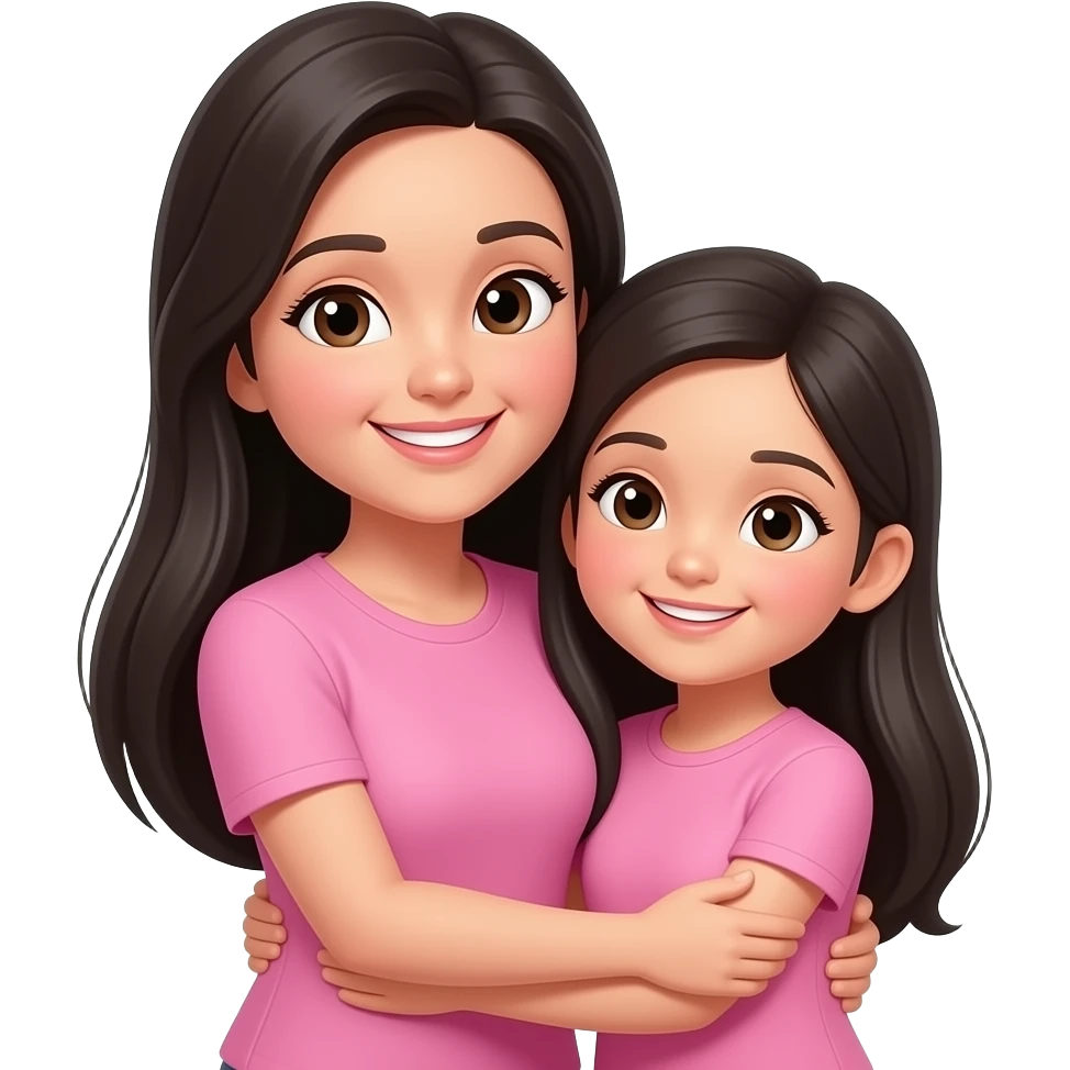 Mother and daughter facing front long black straight  hair smiling hugging wearing pink emoji