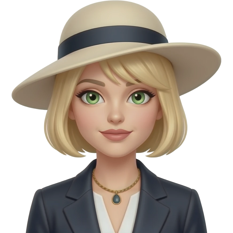 "Hat tip" more sophisticated female blond bangs not in man clothes green-hazel eyes emoji