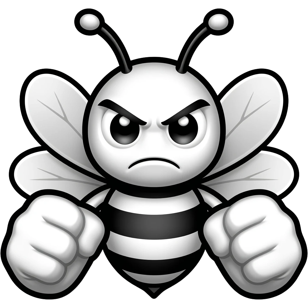 minimalist flat icon, angry bee emoji, black and white cartoon bee, thick bold outlines, white body with black stripes, big round eyes with angry eyebrows, clenched fists, transparent background, flat style, simple shapes emoji