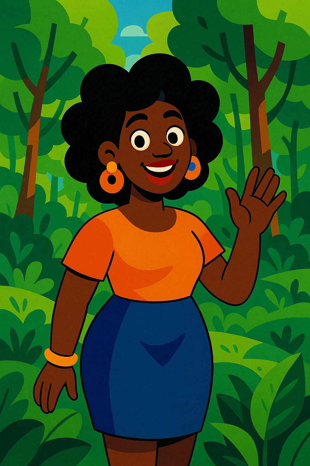 black lady standing in a lush green forest, expressive and colorful illustration, vibrant toon style emoji