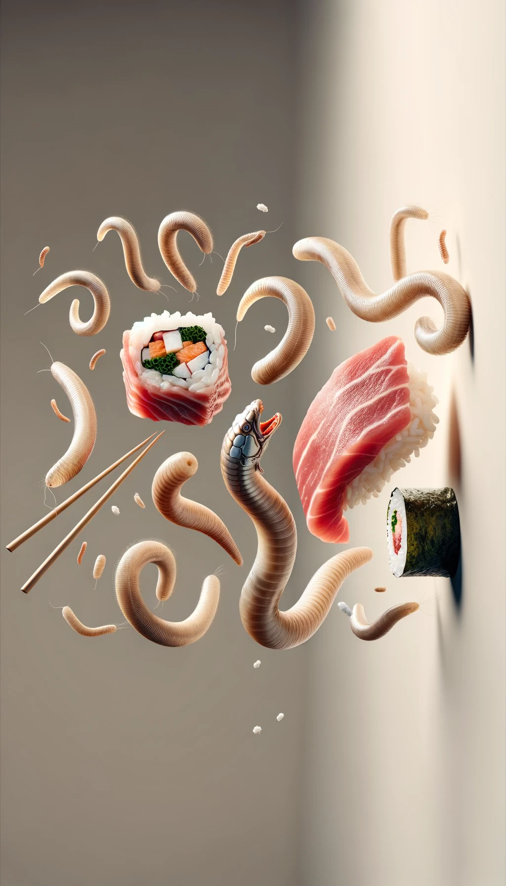 carne cruda fluttua insieme a sushi, intorno a loro fluttuano vermi lunghi e beige chiaro, sfondo neutro chiaro, iperrealistico 4k emoji