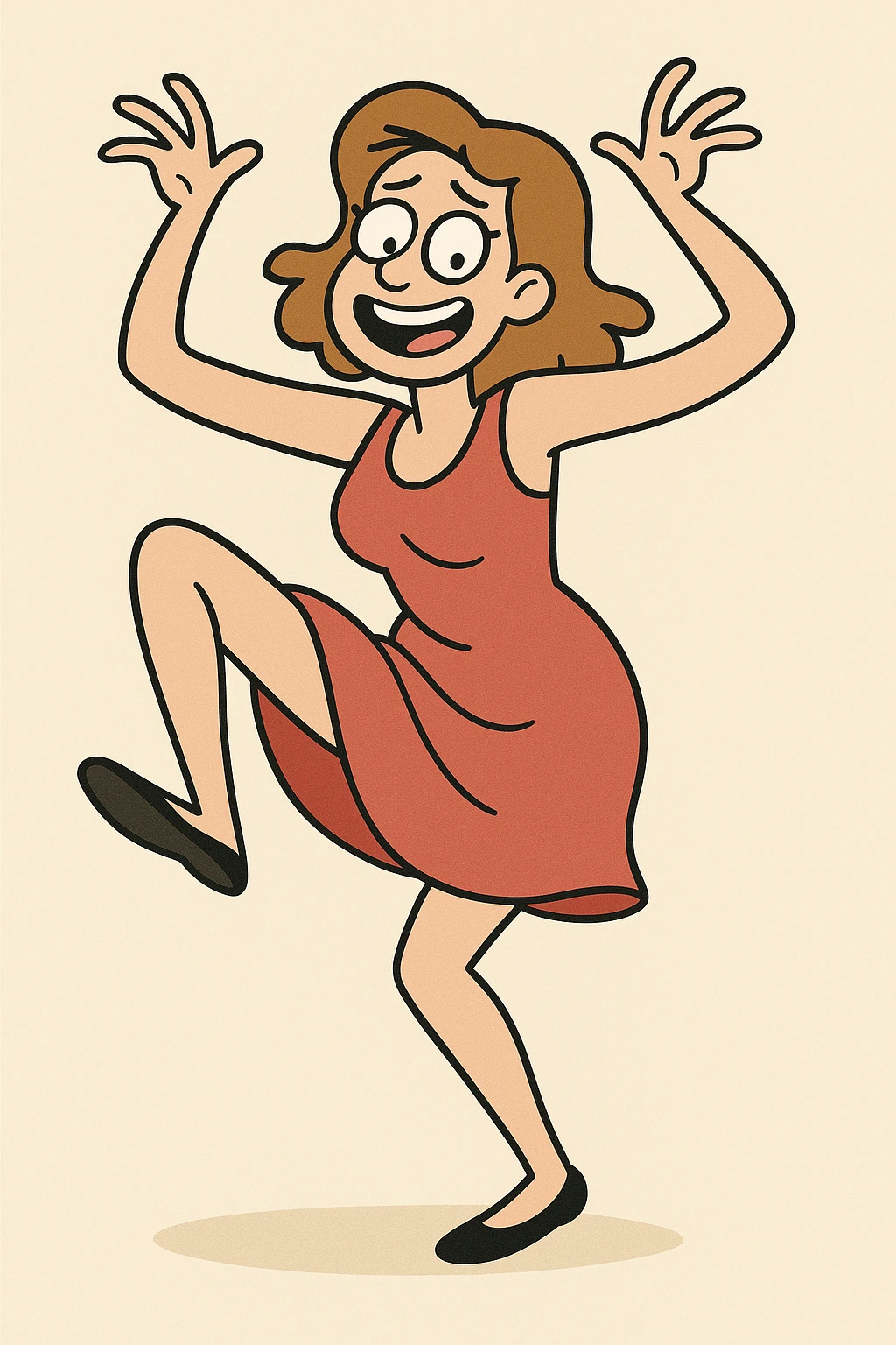 woman in a red dress dancing poorly, exaggerated pose, cheerful, clean background emoji