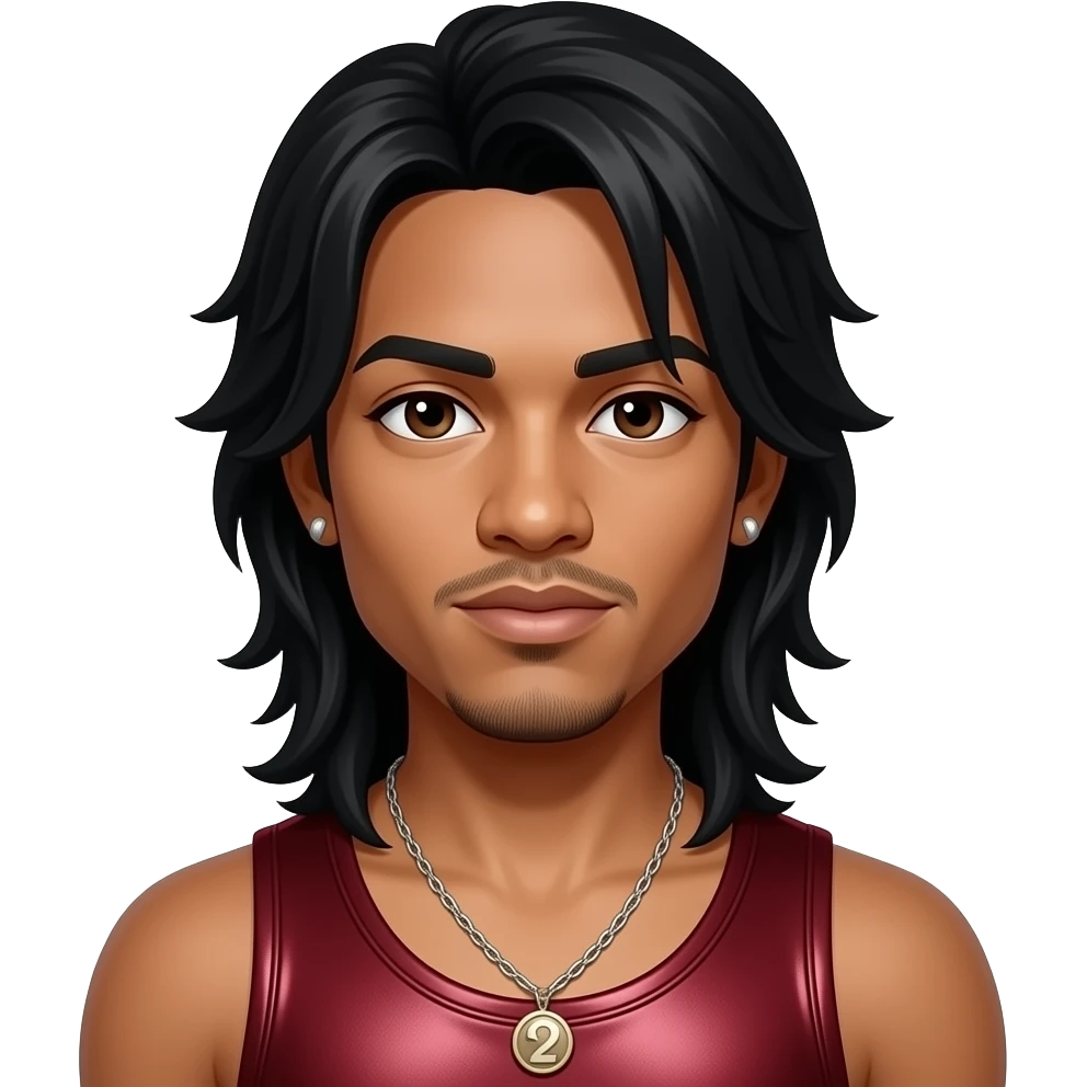 Omarion from B2K with dark brown eyes, long black b, dark red metallic tank top, necklace and earrings emoji