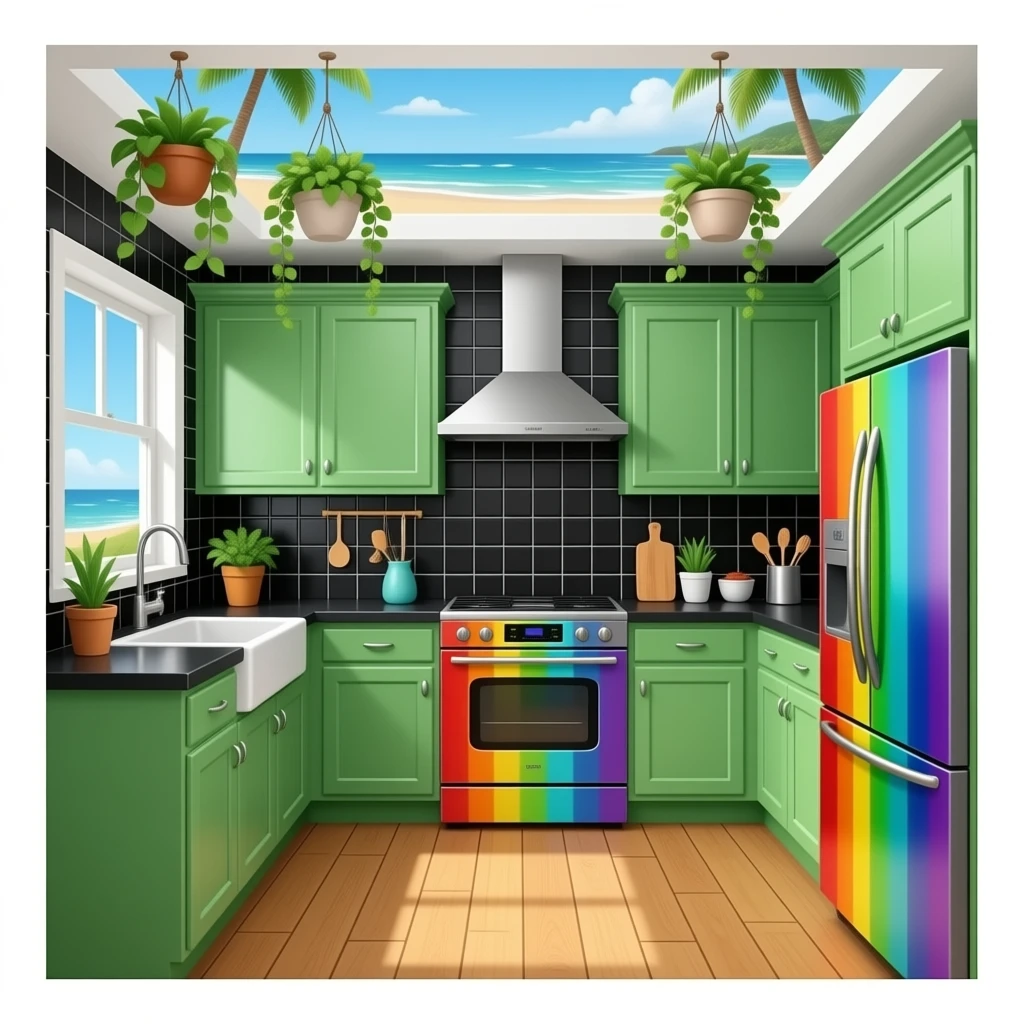 fancy kitchen with black wall tiles, grass green cabinets, rainbow metal appliances, black countertops, wood floors, decorative plants on the ceiling, on the beach emoji