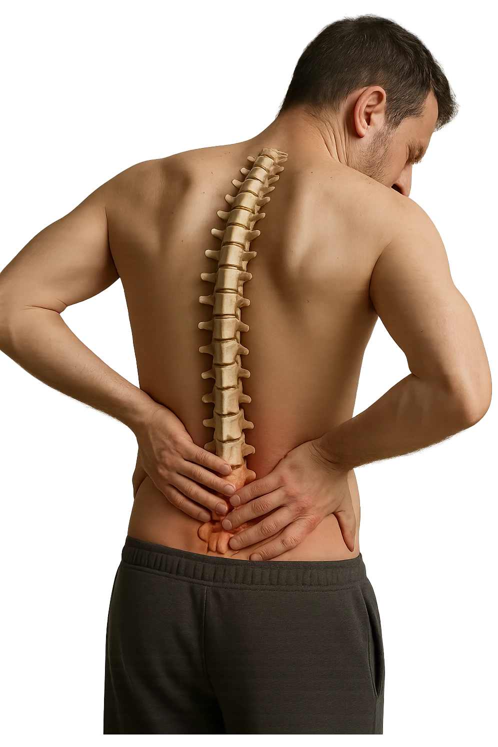 uomo con spina dorsale anatomica visibile che si massaggia la schiena perché gli fa male, iperrealistico 4k emoji