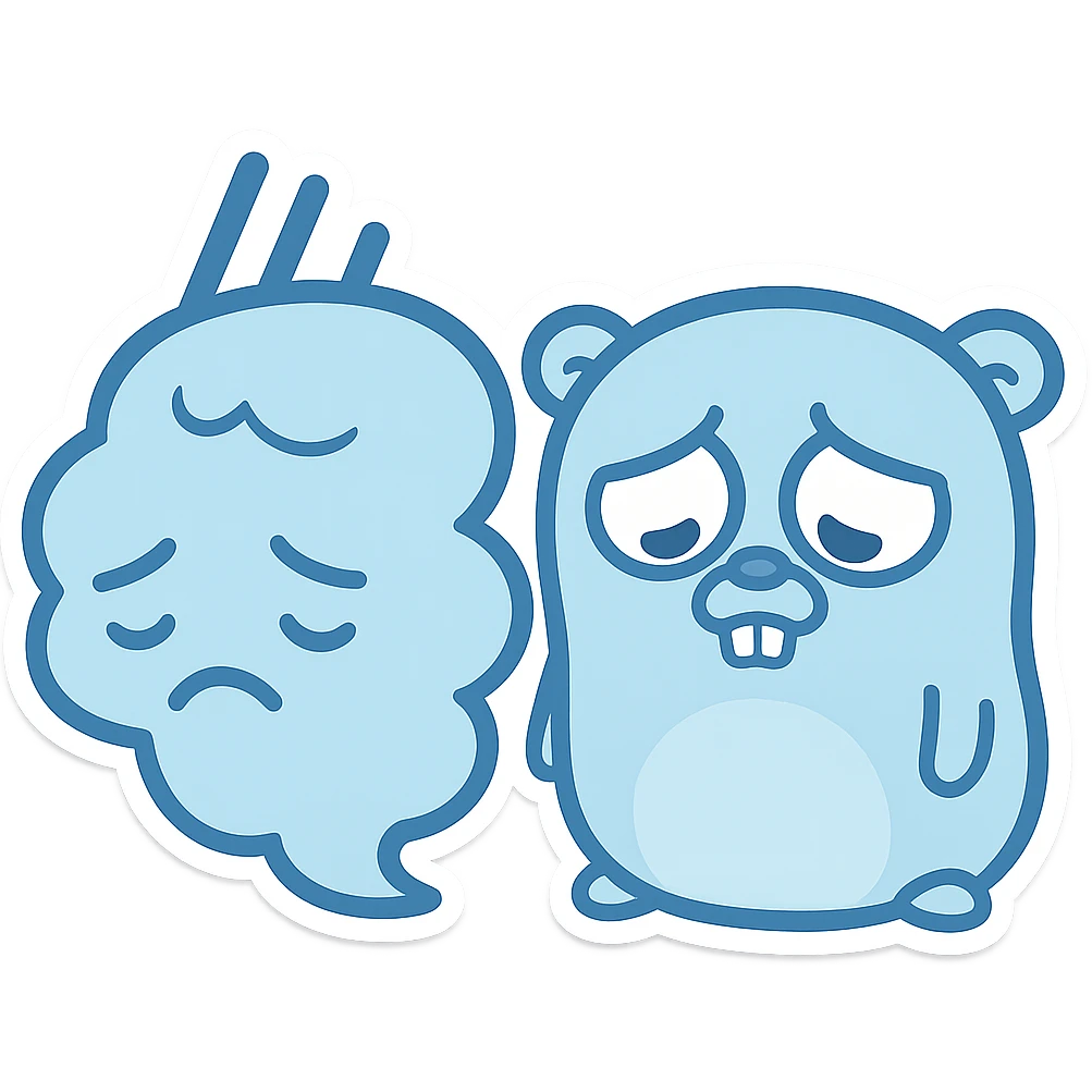 Traefik logo and Go gopher drooping, blue tones, sadness conveyed, cartoon style emoji