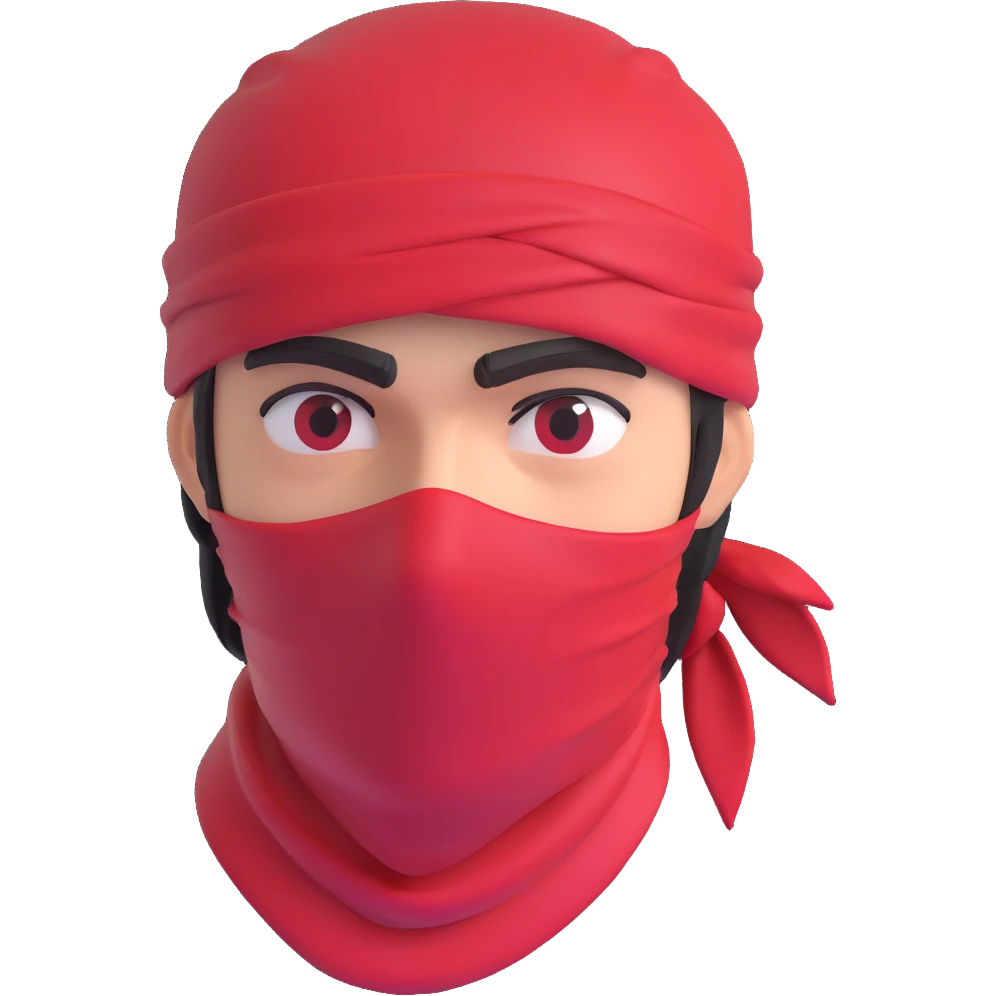 a guy with a red bandana covering his face and a cap, looking mad, not praying, in the style of a 3D emoji emoji