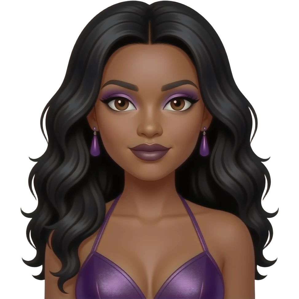 Rozonda Chilli Thomas from TLC with dark brown eyes, long black 90s wavy hair, lilac eyeshadow, dark brown lipstick, dark purple metallic halter dress, lilac earrings emoji