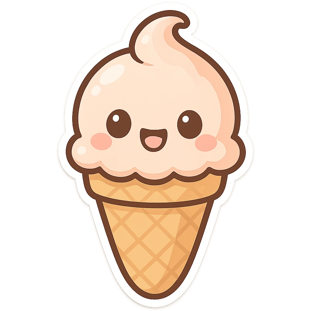 chibi sticker-style ice cream cone with a smiling face, cute and exaggerated emoji